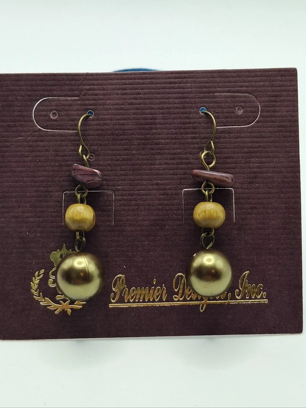 Premier Designs Bronze Pearl & Wood Bead Dangle Earrings | Boho Rustic Jewelry
